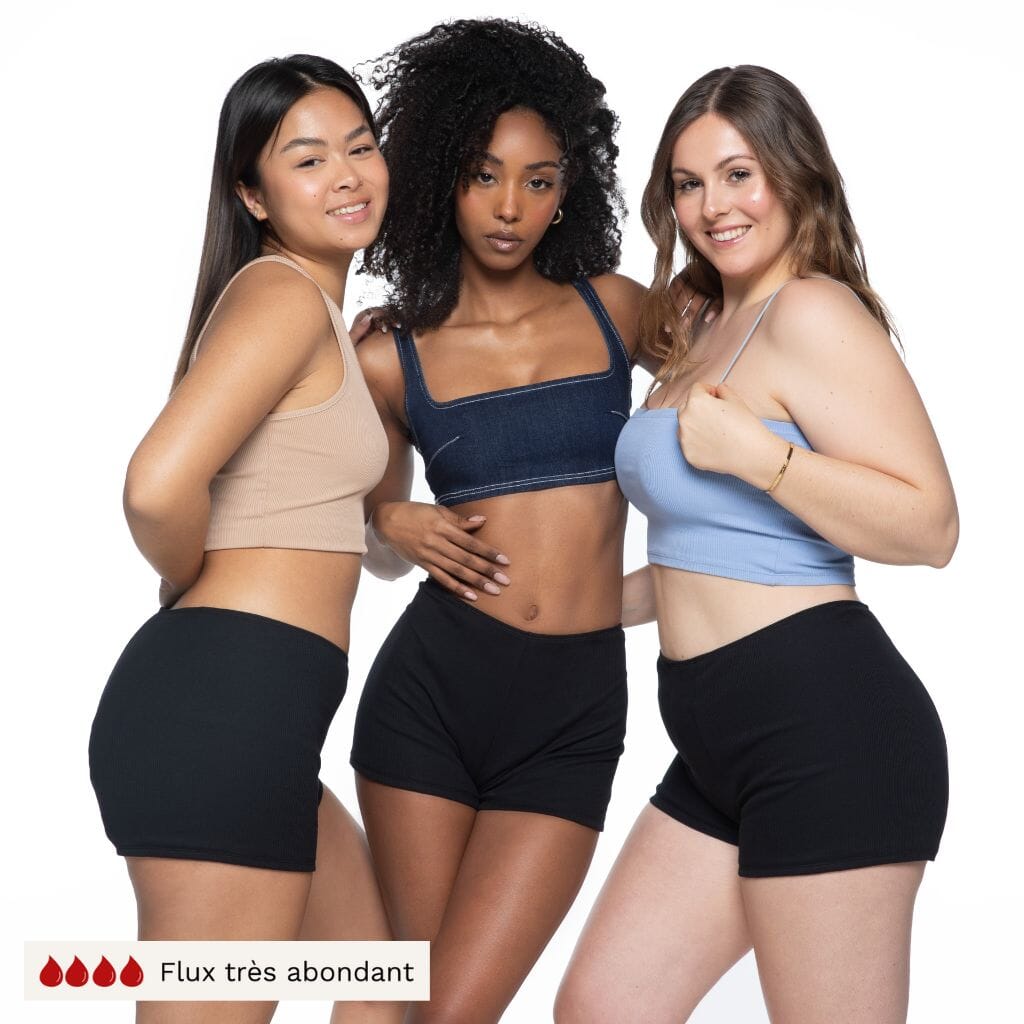 trois femmes portent des boxer et shorty menstruel pour règles très abondantes made in france et en coton bio